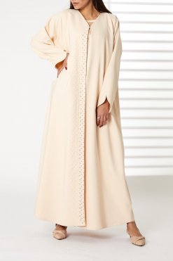 MOIRR2362 Peach Front Embroidered Nida Open Abaya