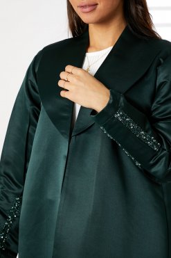 MOIRR2369 2 Lapel Collar Green Bridal Satin Embroidered Abaya