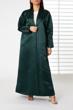 Lapel Collar Green Bridal Satin  Embroidered Abaya
