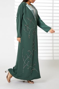 MOIRR2370 1 Green Nida Embroidered Abaya with Lapel Collar