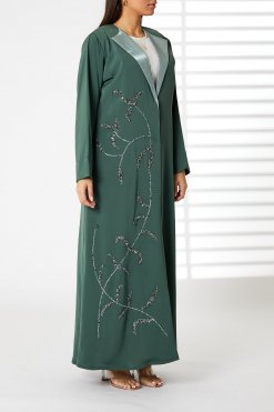 MOIRR2370 Green Nida Embroidered Abaya with Lapel Collar