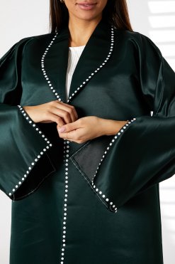 MOIRR2372 2 Green Bridal Satin Snap-button Embellished Abaya