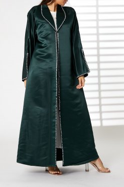 MOIRR2372 Green Bridal Satin Snap-button Embellished Abaya
