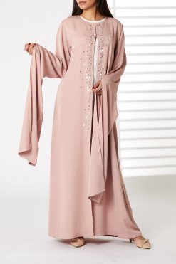 MOIRR2373 Pink Round Neck Nida Split Cuffs Embroidered Abaya
