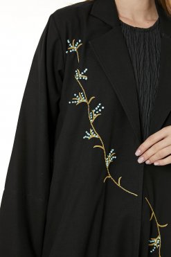 MOI0623059 2 Black Linen Embroidered Abaya