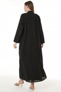 MOI0623059 3 Black Linen Embroidered Abaya