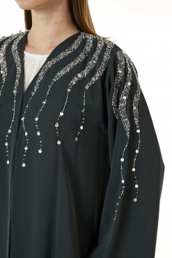 MOI0623050 2 Dark Green Korean Nida Hand Embellished Abaya