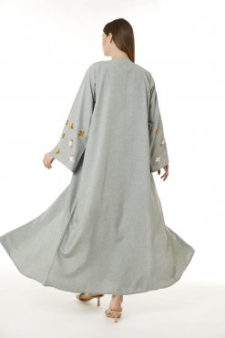 MOI0623040 3 Grey Melange Embroidered Abaya