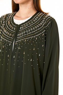 Dark Green Korean Nida Hand Embellished Abaya 6 MOI0623037 2 Dark Green Korean Nida Hand Embellished Abaya