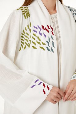 MOI0623032 2 White Linen Embroidered Abaya