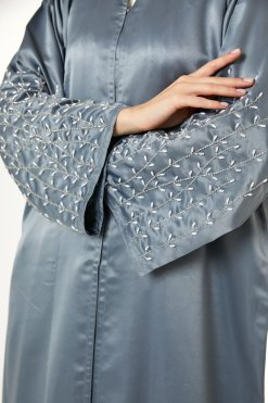 MOI0623023 2 Grey Satin Hand Embellished Abaya