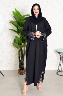 Bsi3849 6 Bisht Style Bahraini Abaya with Mesh Embellishment on the Cuff