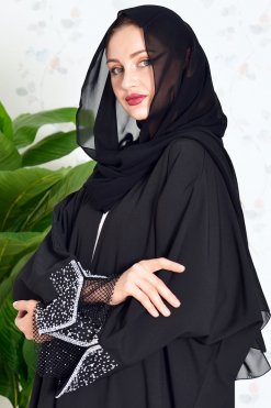 Bsi3849 5 Bisht Style Bahraini Abaya with Mesh Embellishment on the Cuff