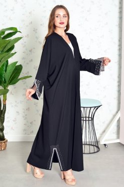 Bsi3849 3 Bisht Style Bahraini Abaya with Mesh Embellishment on the Cuff