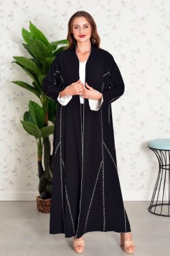 Bsi3847 8 Multi Color Beads Embellished Bisht Piping Abaya