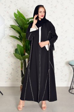 Bsi3847 7 Multi Color Beads Embellished Bisht Piping Abaya