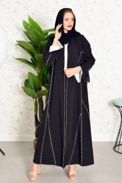 Bsi3847 5 Multi Color Beads Embellished Bisht Piping Abaya