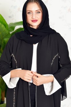 Bsi3847 4 Multi Color Beads Embellished Bisht Piping Abaya