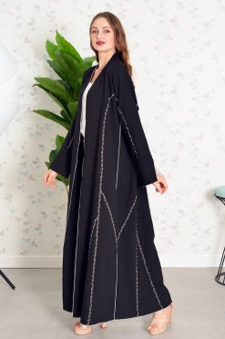 Bsi3847 3 Multi Color Beads Embellished Bisht Piping Abaya