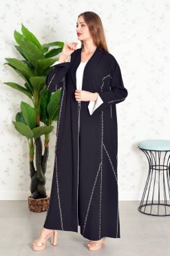 Bsi3847 2 Multi Color Beads Embellished Bisht Piping Abaya