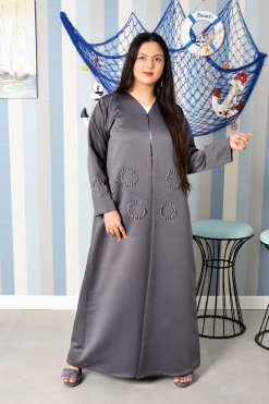 V-Neck Beads Embellished Grey Abaya