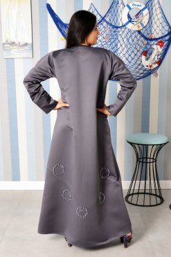 Bsi3846 6 V-Neck Beads Embellished Grey Abaya