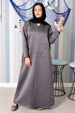 Bsi3846 5 V-Neck Beads Embellished Grey Abaya