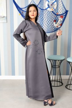 Bsi3846 3 V-Neck Beads Embellished Grey Abaya