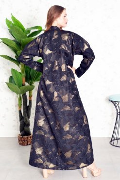 Bsi3841 6 Coat Collar Self Printed Button Embellished Jacquard Abaya