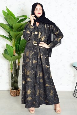 Bsi3841 5 Coat Collar Self Printed Button Embellished Jacquard Abaya