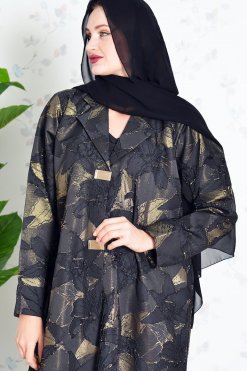 Bsi3841 4 Coat Collar Self Printed Button Embellished Jacquard Abaya