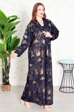 Bsi3841 3 Coat Collar Self Printed Button Embellished Jacquard Abaya