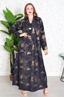 Bsi3841 2 Coat Collar Self Printed Button Embellished Jacquard Abaya