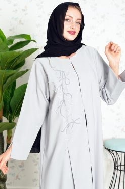 Bsi3840 3 Round Neck Beads Embellished Abaya
