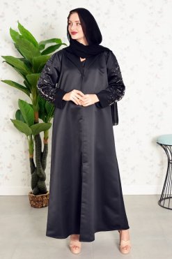 عباية سوداء بياقة معطف مع تطريز خرز على الأكمام Bsi3837 4 Coat collar with beads embellishment on sleeves black abaya