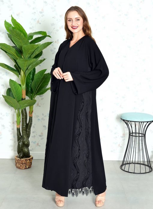 Mesh side panels with beads embellished black abaya