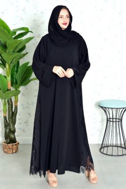 Bsi3833 5 Mesh side panels with beads embellished black abaya