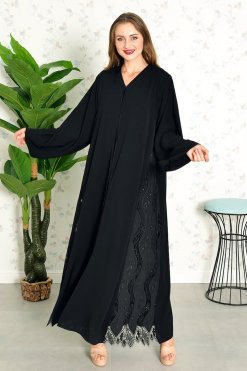 Bsi3833 4 Mesh side panels with beads embellished black abaya