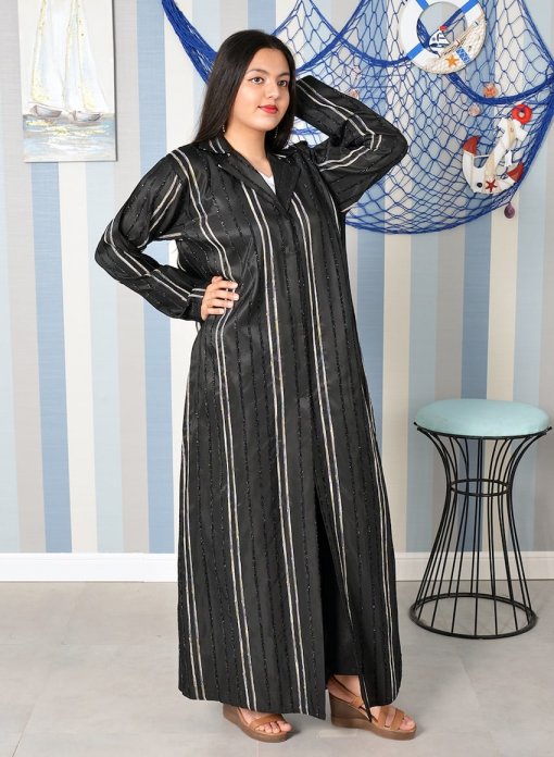Collar Style Self Embossed Black Plain Abaya