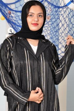 Bsi3828 2 Collar Style Self Embossed Black Plain Abaya