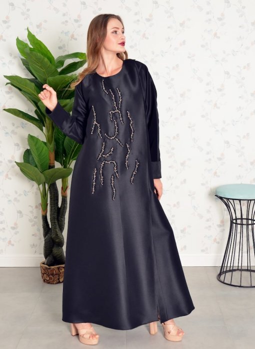 Round Neck Beads Embellished Flap Abaya