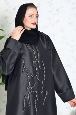 Bsi3827 5 Round Neck Beads Embellished Flap Abaya