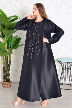 Bsi3827 4 Round Neck Beads Embellished Flap Abaya