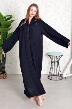 Bsi3825 2 Collar Style Button Embellished Pleated Abaya