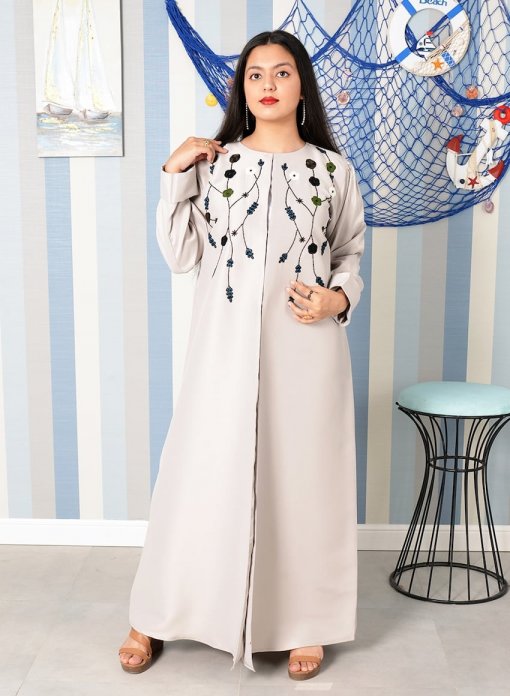 Round Neck Beads Embellished Embroidered Abaya