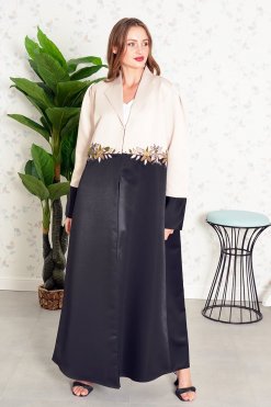 3852 3 Collar Style Dual Color Beads Embellished Puff Sleeves Abaya