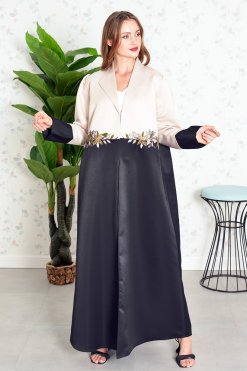 3852 4 Collar Style Dual Color Beads Embellished Puff Sleeves Abaya