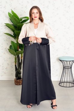 3852 5 Collar Style Dual Color Beads Embellished Puff Sleeves Abaya