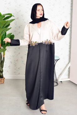 3852 6 Collar Style Dual Color Beads Embellished Puff Sleeves Abaya