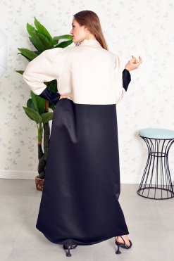 3852 7 Collar Style Dual Color Beads Embellished Puff Sleeves Abaya